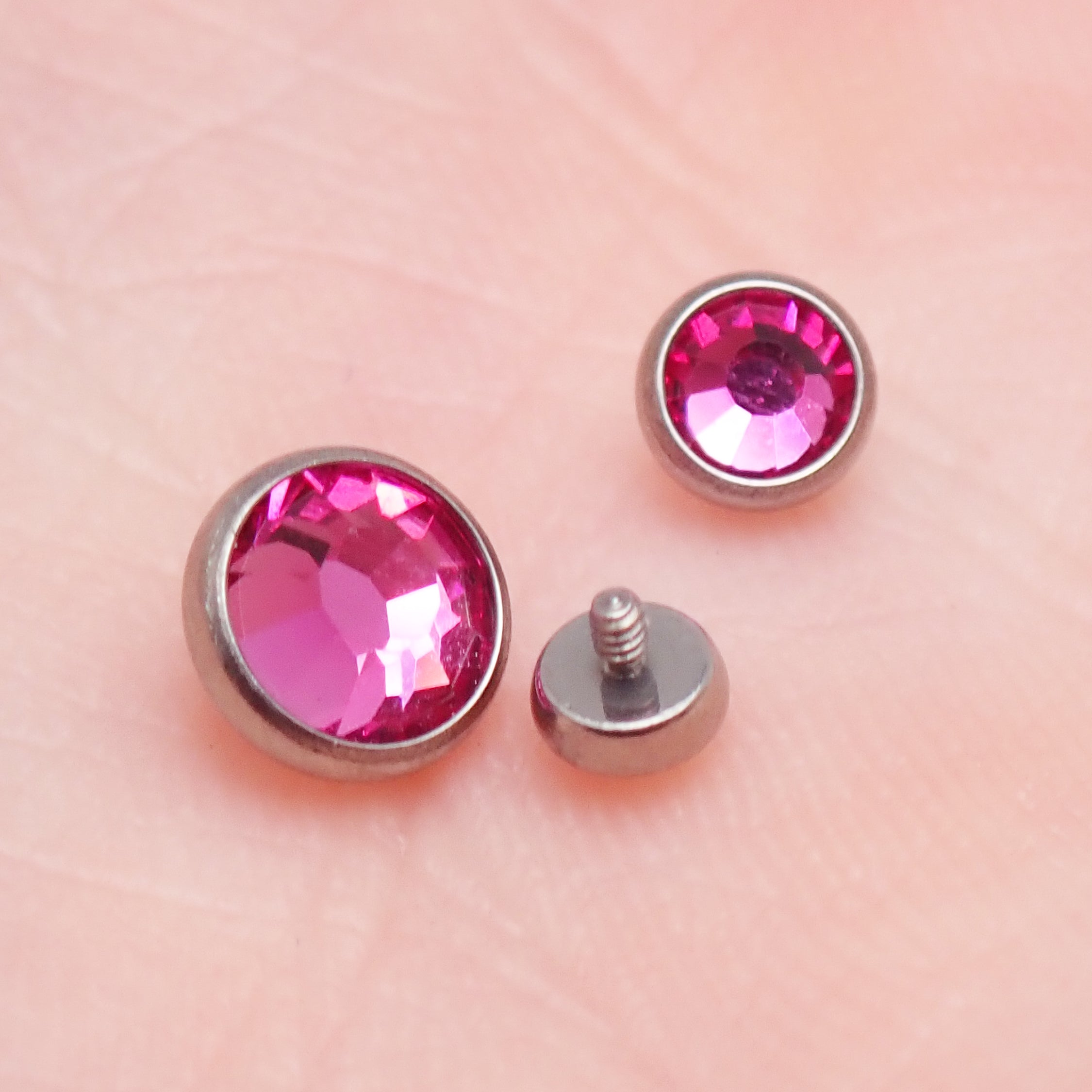 Cerise pink AB Rainbow clear CZ implant titanium internally threaded tops attachment for body jewelry, 14g with 1.2mm thread.