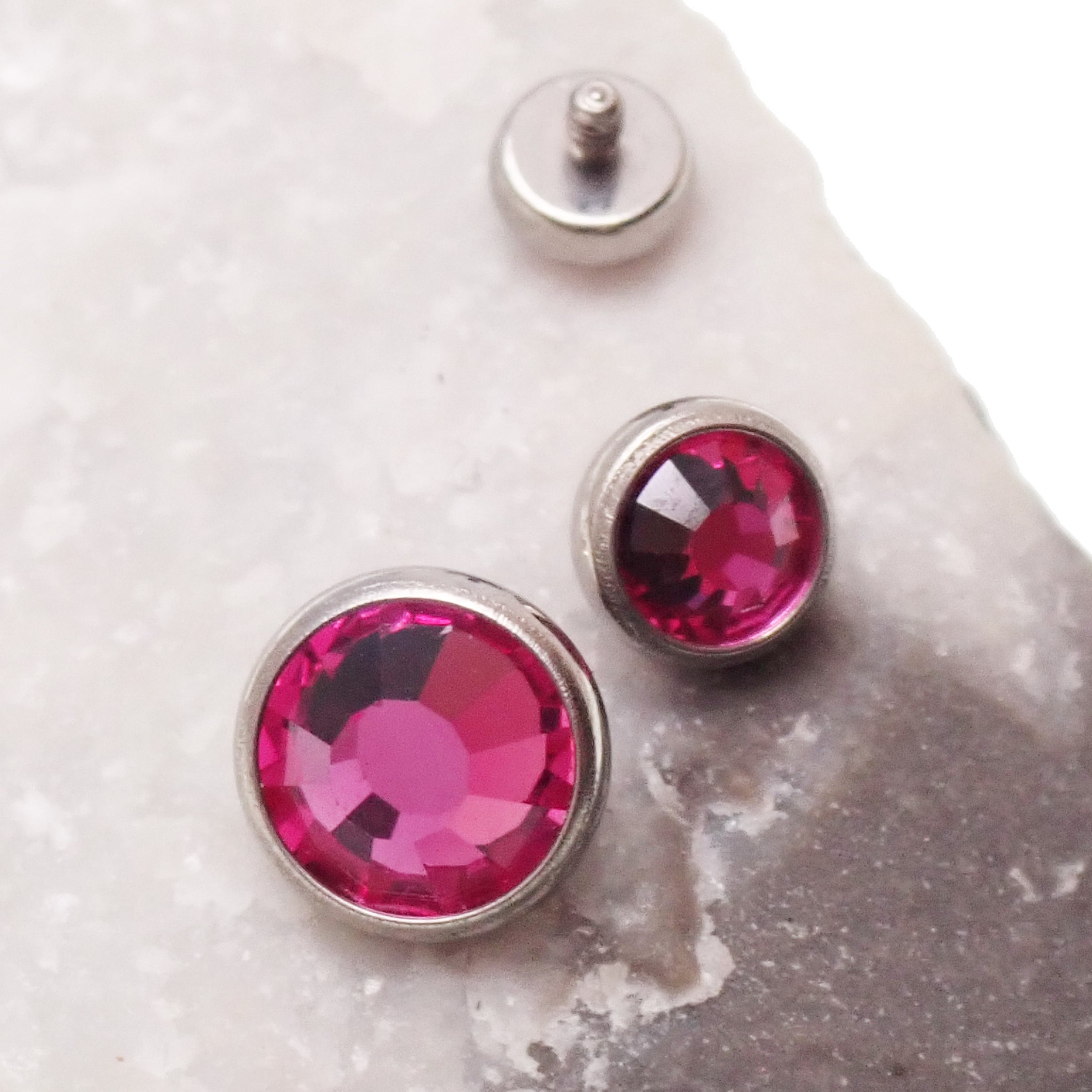 Cerise pink AB Rainbow clear CZ implant titanium internally threaded top attachment for body jewelry, 14g, 1.2mm thread.