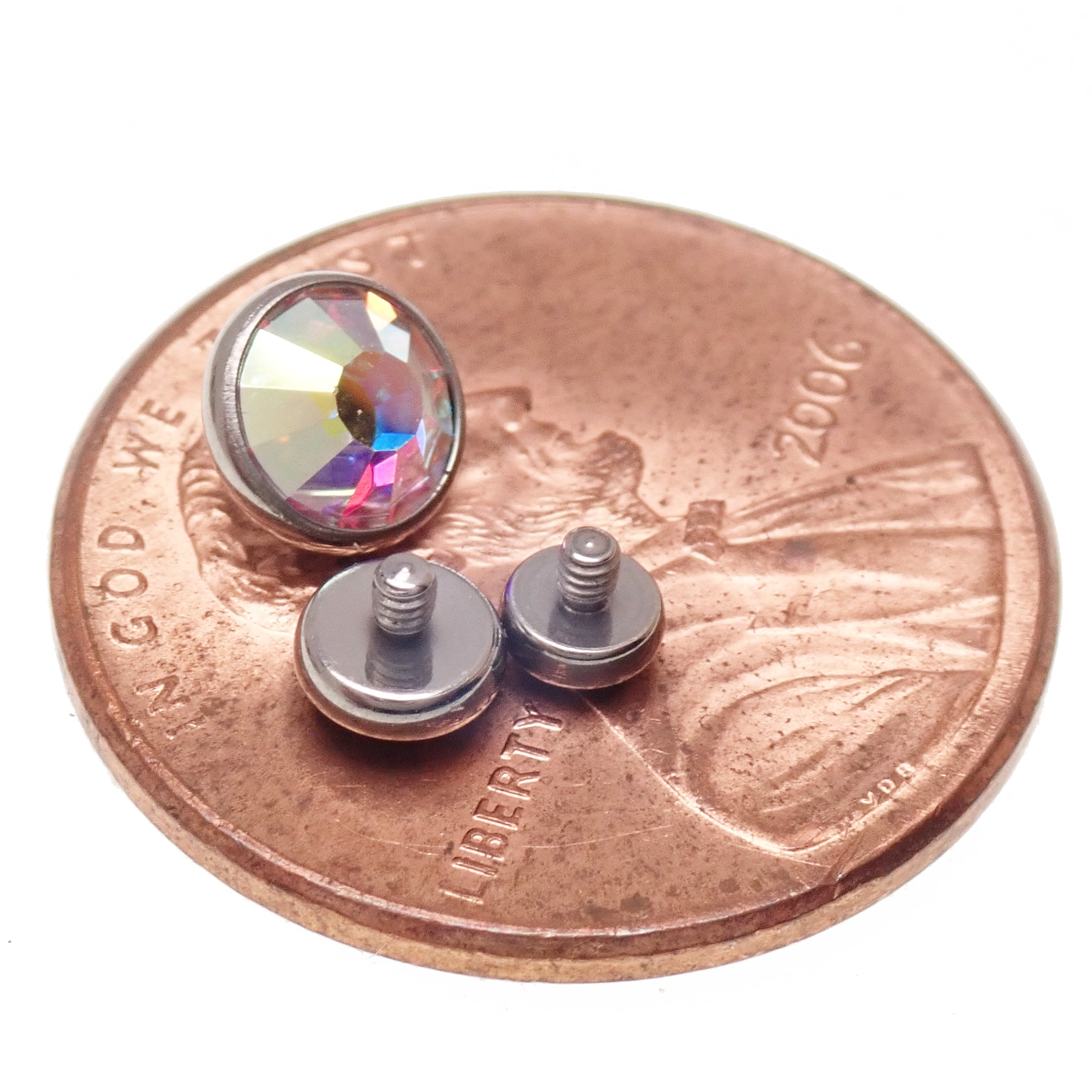 Cerise pink AB Rainbow clear CZ implant titanium internally threaded top for body jewelry, 14g with 1.2mm thread.