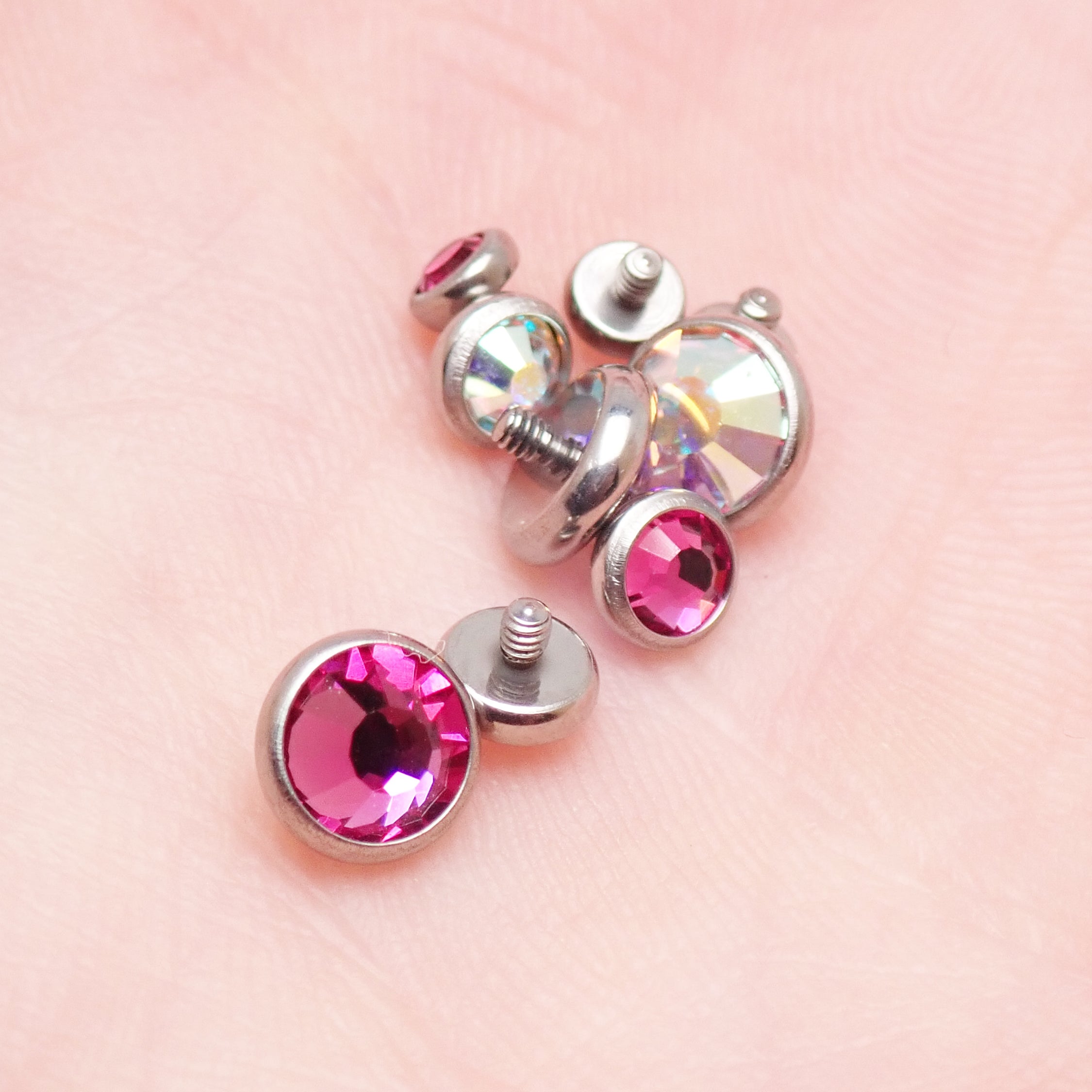Cerise pink AB Rainbow clear CZ implant titanium internally threaded body jewelry attachment, 14g with 1.2mm thread.