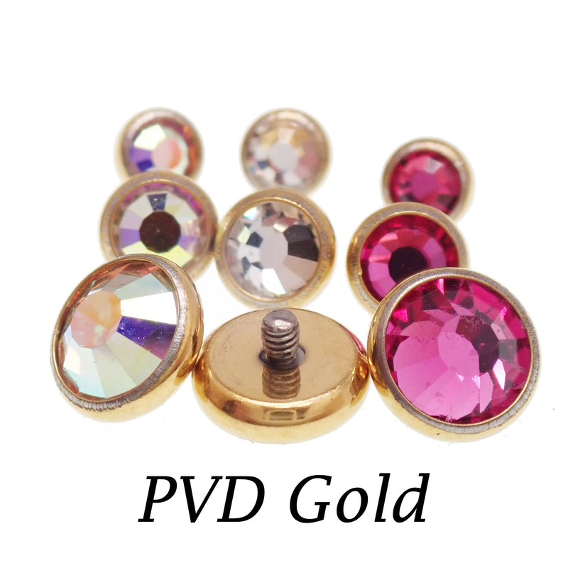PVD Gold Cerise and AB Rainbow Clear CZ implant titanium internally threaded tops for 14g body jewelry, by Body Clickers