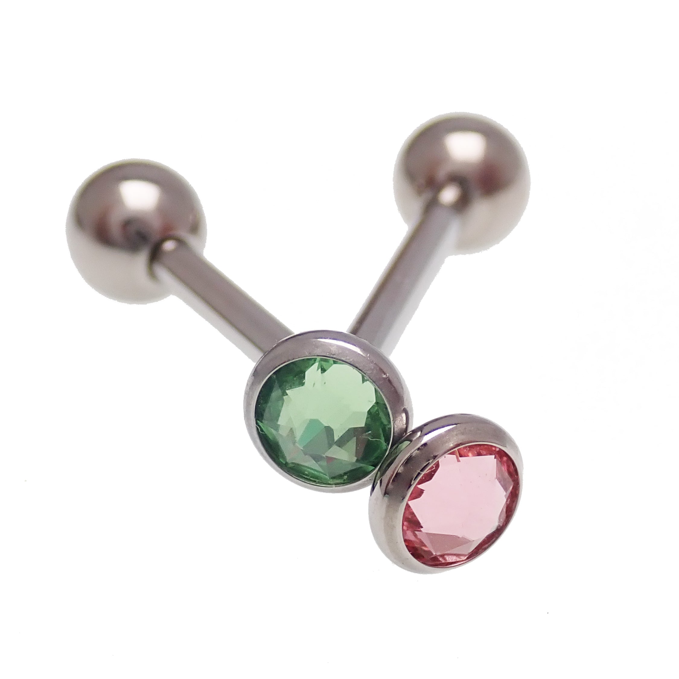 Green or pink CZ tongue barbell piercing in titanium, 14g, with colorful gemstone accents from Body Clickers.