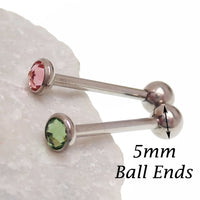 Green or pink CZ tongue barbell piercing by Body Clickers, 14g titanium jewelry with colorful cubic zirconia stones.
