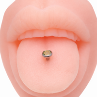 Pink or green CZ tongue titanium barbell piercing by Body Clickers, 14g, with colorful cubic zirconia stones.