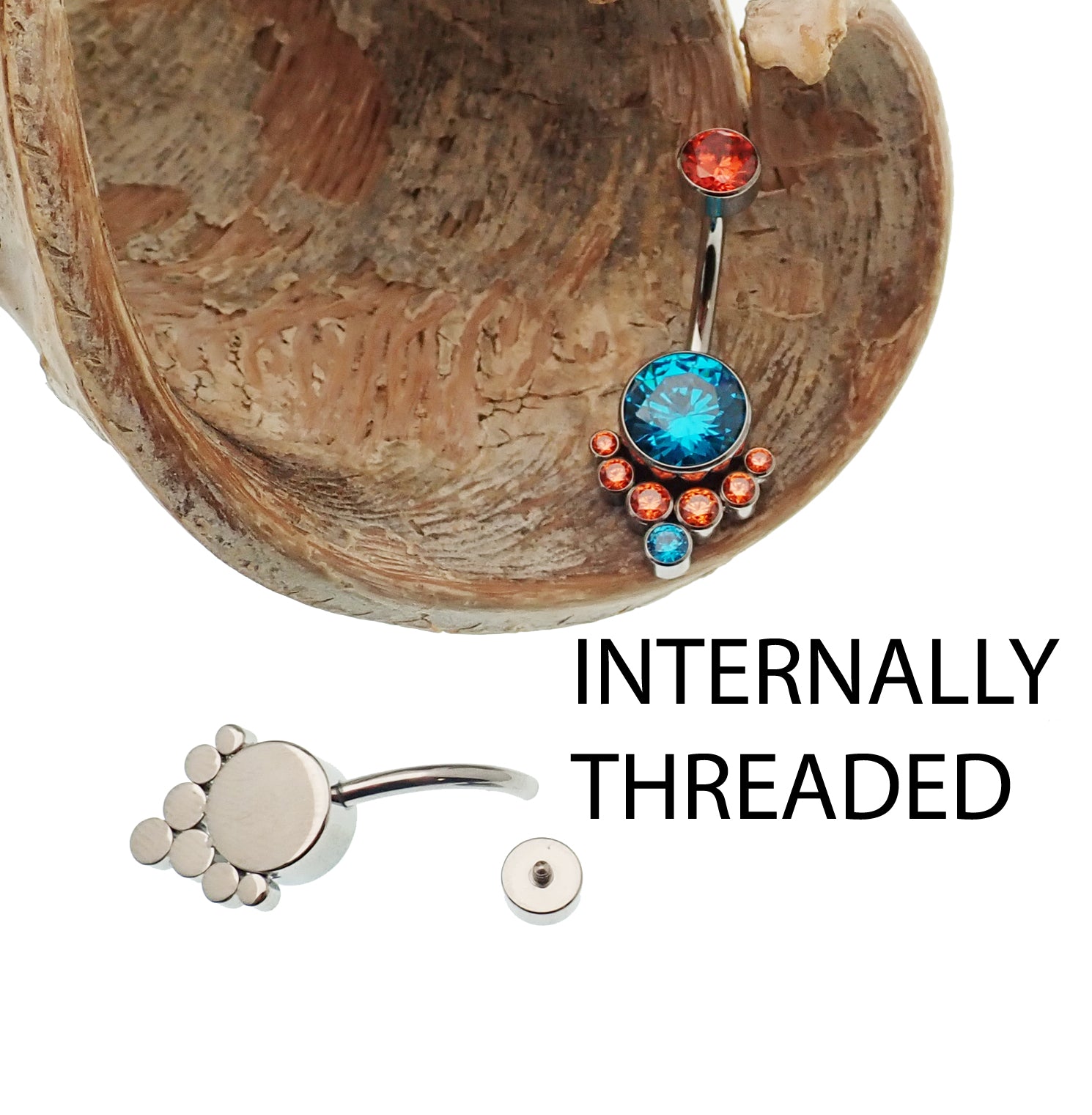 Colorful blue AAAA CZ belly ring by Body Clickers, titanium 14g, internally threaded, hypoallergenic belly piercing jewelry.
