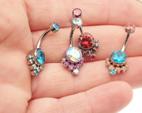 Colorful AAAA CZ belly ring by Body Clickers, 14g titanium internally-threaded belly piercing with blue gemstone and hypoallergenic design.