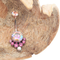 Colorful AAAA CZ belly ring by Body Clickers, 14g titanium belly piercing with blue and pink accents, internally threaded, hypoallergenic.