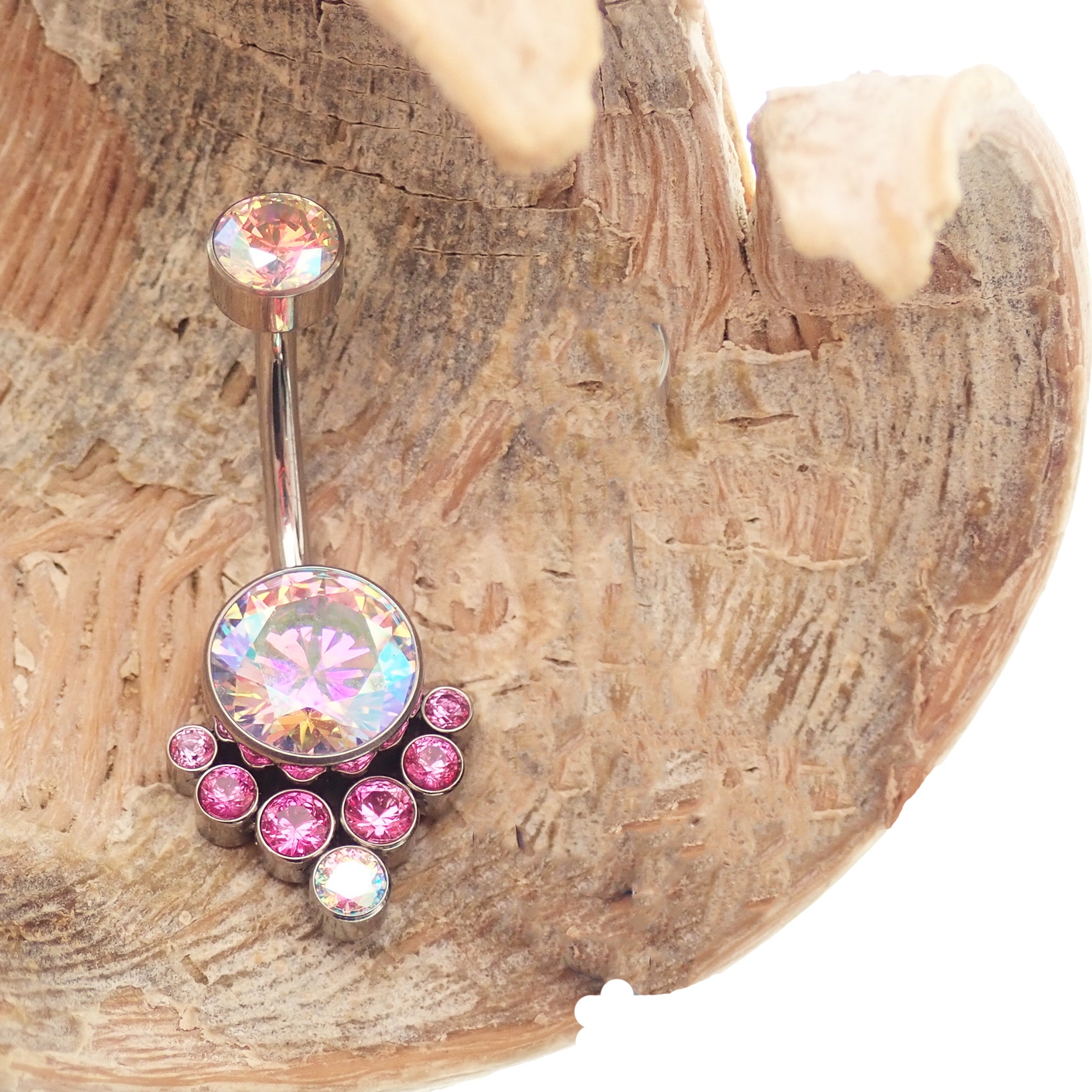 Colorful AAAA CZ belly ring by Body Clickers, 14g titanium belly piercing with blue and pink accents, internally threaded, hypoallergenic.