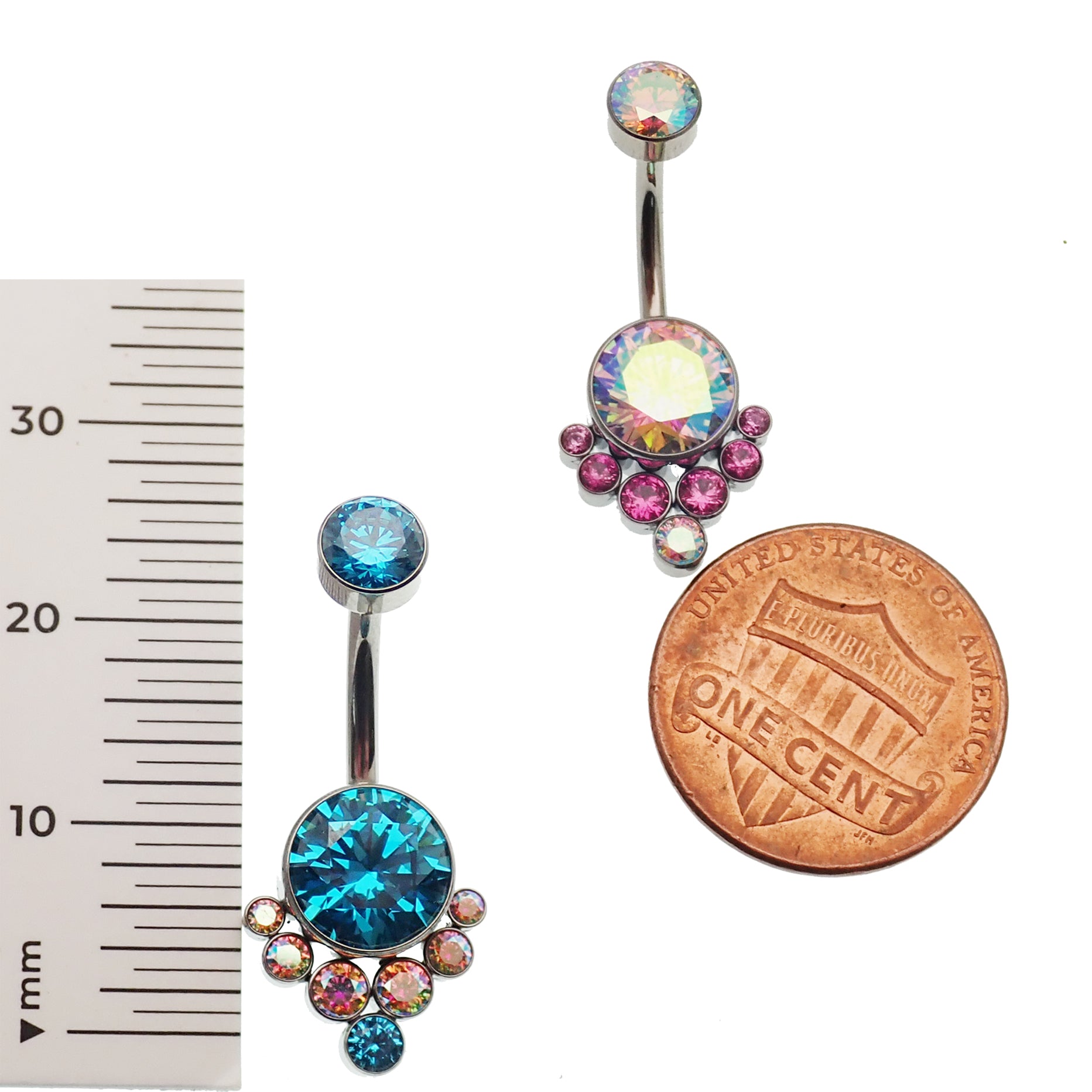 Colorful blue AAAA CZ belly ring by Body Clickers, 14g titanium internally-threaded hypoallergenic belly piercing jewelry.