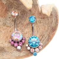 Colorful AAAA CZ belly ring by Body Clickers, 14g titanium internally-threaded belly piercing with pink and blue stones.