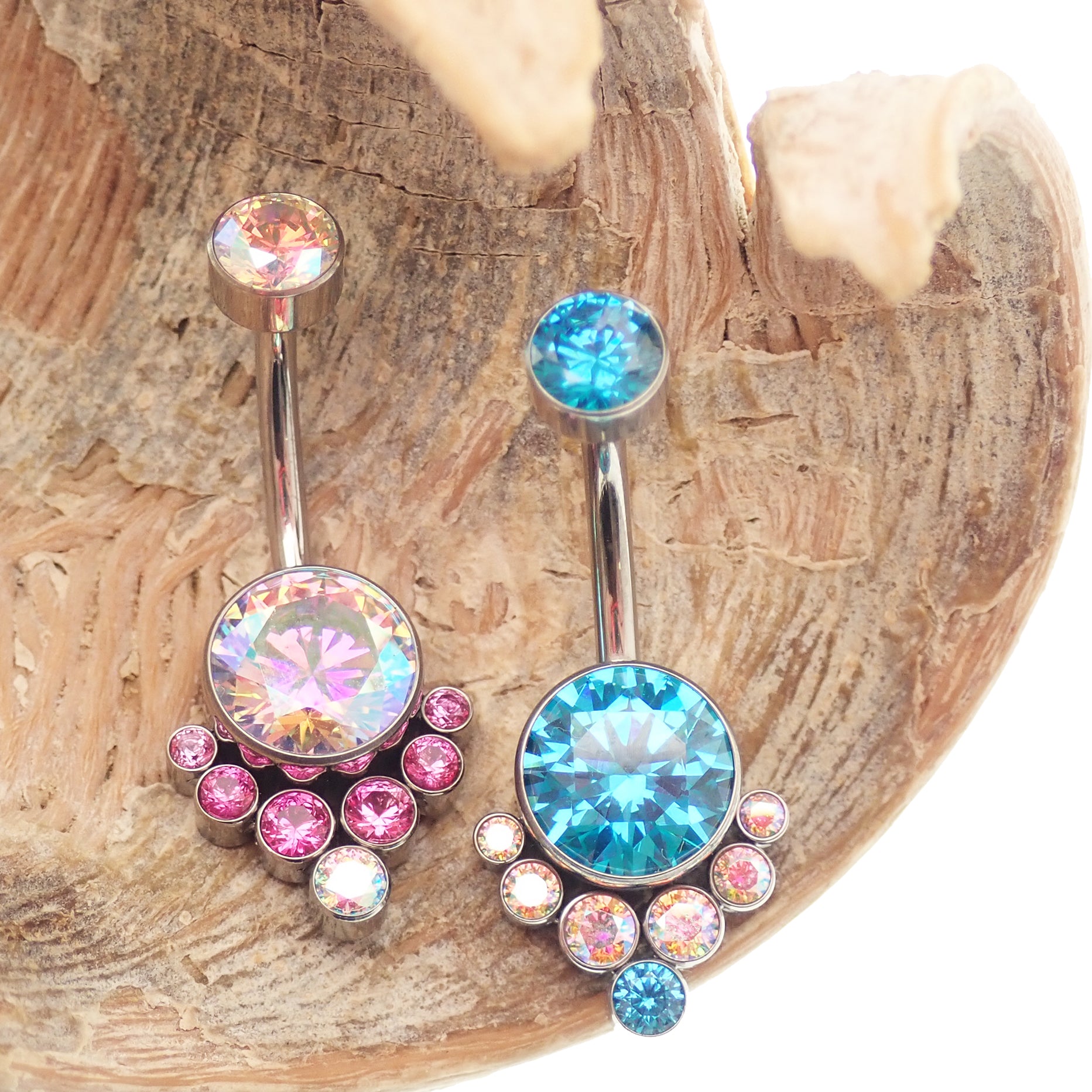 Colorful AAAA CZ belly ring by Body Clickers, 14g titanium internally-threaded belly piercing with pink and blue stones.