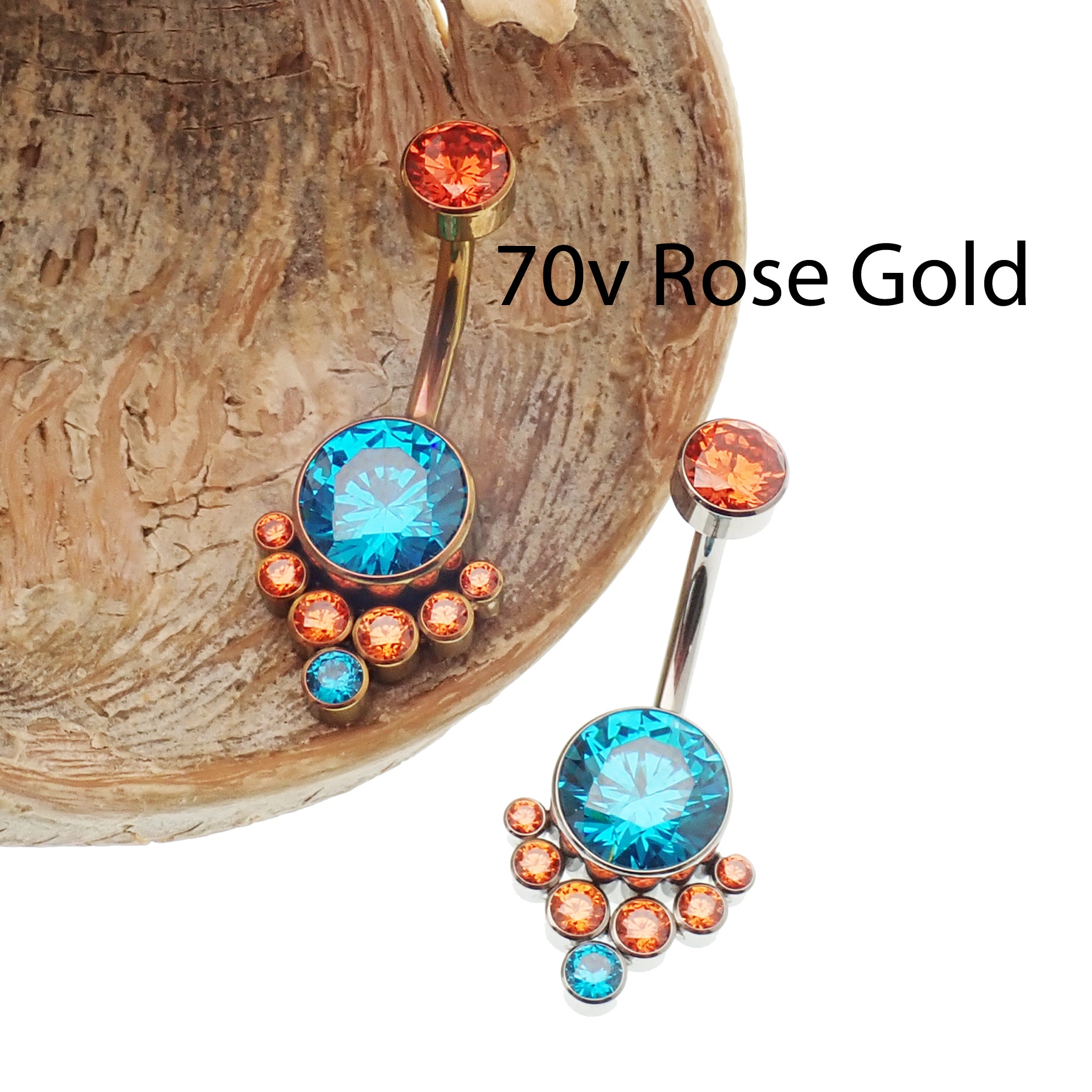 Colorful titanium belly ring with teal and orange CZ stones, internally threaded, hypoallergenic, 14g body piercing by Body Clickers