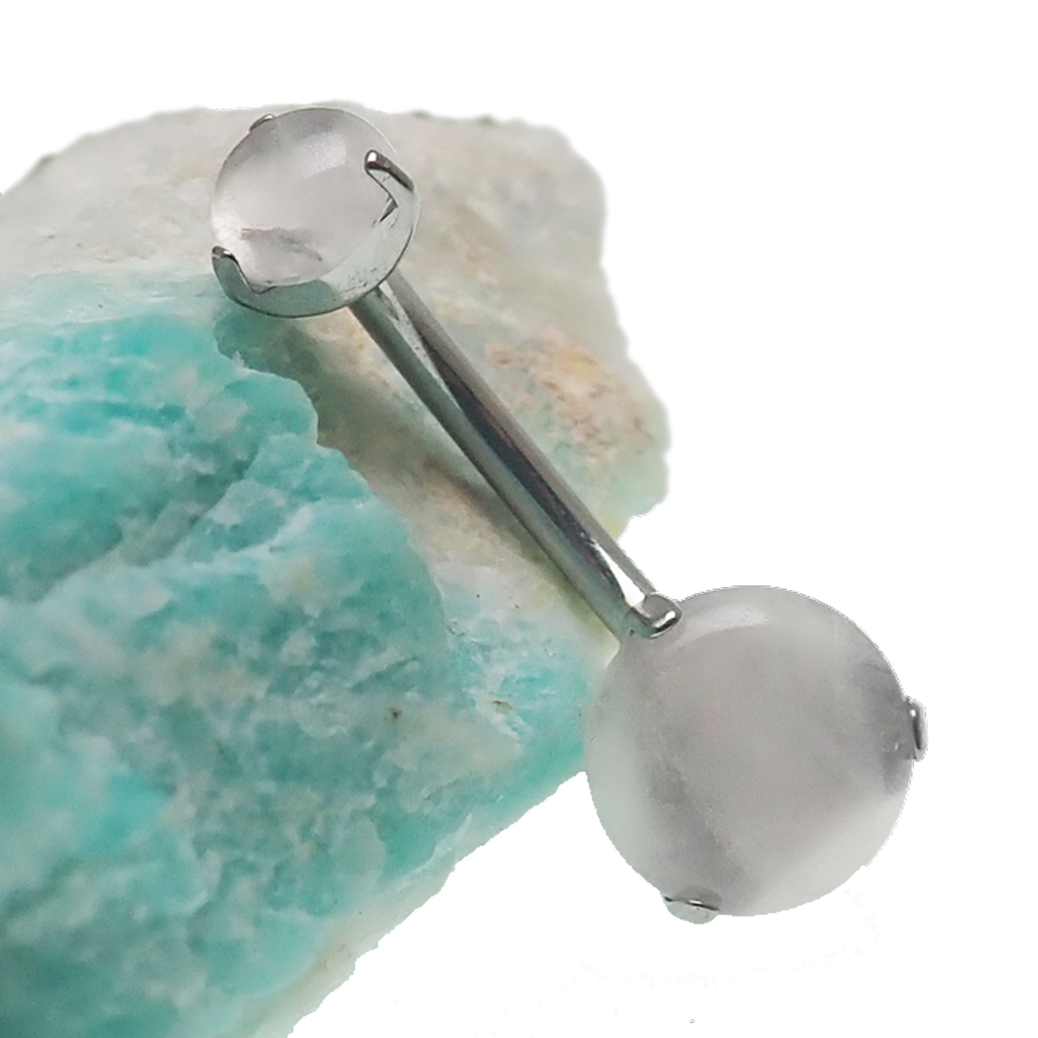 Rose quartz natural stone titanium belly ring from Body Clickers, 14g, with a sleek silver-tone bar and polished stone detail.