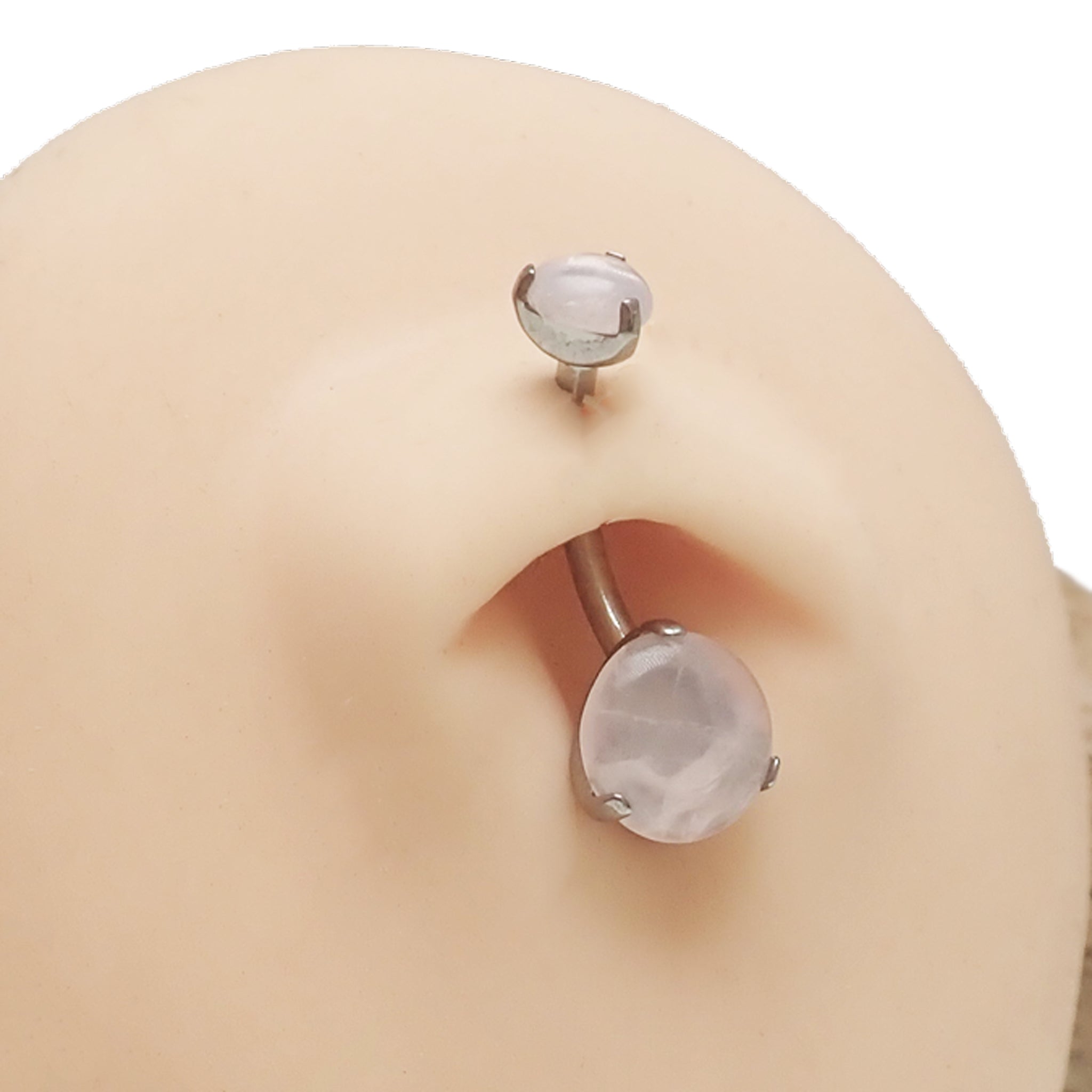 Rose quartz natural stone titanium belly ring by Body Clickers, 14g belly bar with a smooth, polished gemstone design.