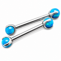 Peacock blue opal titanium nipple bar by Body Clickers Body Jewelry, 12 gauge, 12mm bar with vibrant blue gemstone.