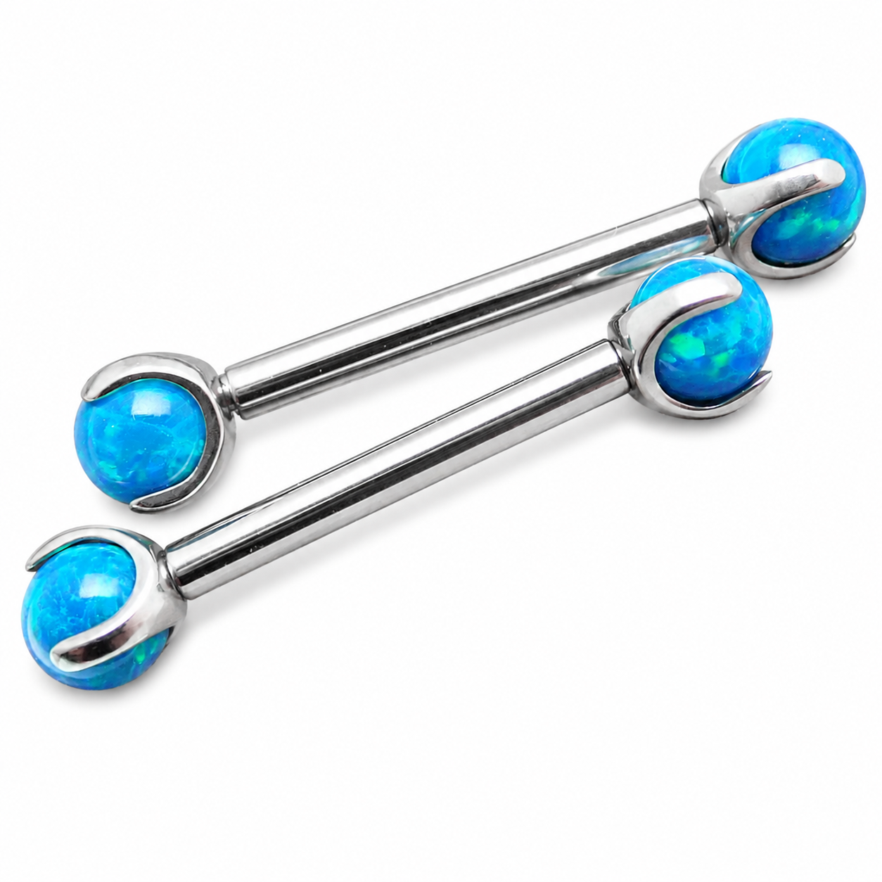 Peacock blue opal titanium nipple bar by Body Clickers Body Jewelry, 12 gauge, 12mm bar with vibrant blue gemstone.