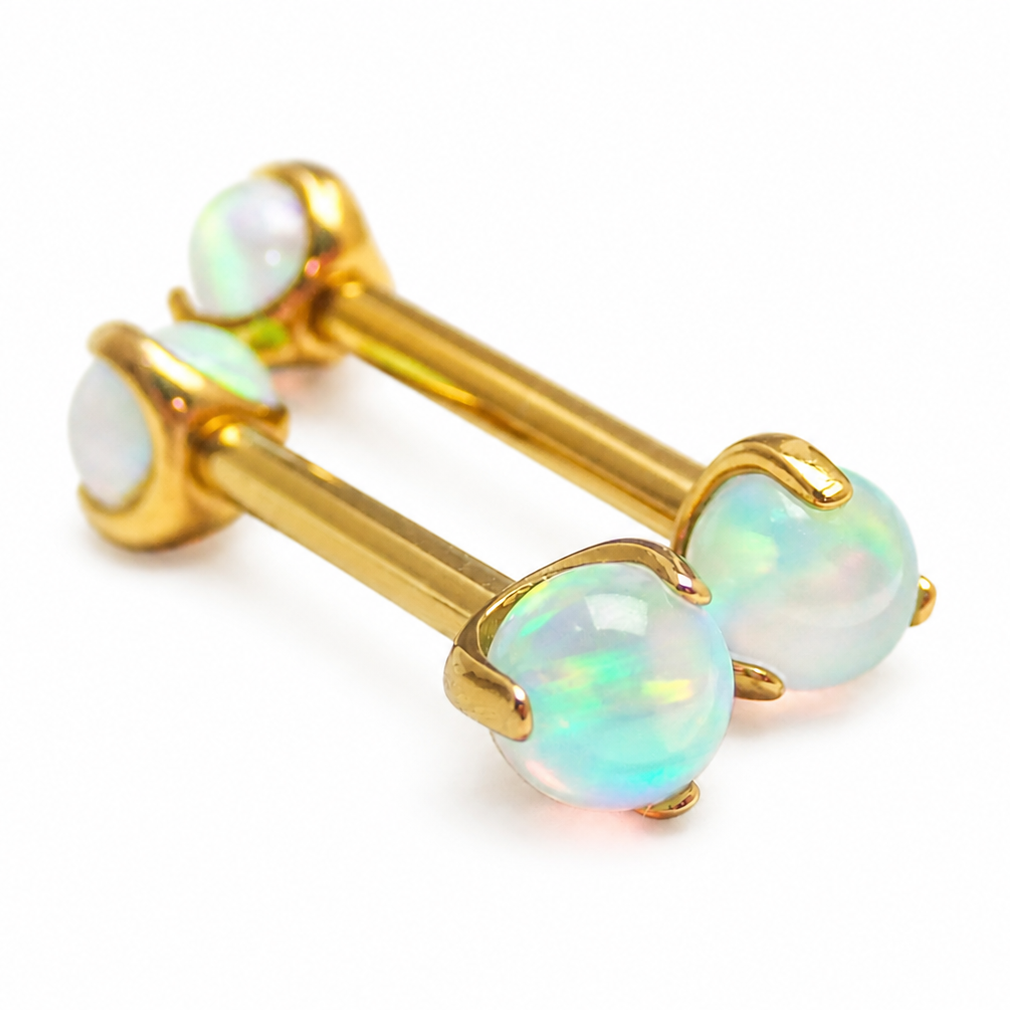 Pearly opal nipple jewelry by Body Clickers in 12g and 14g, featuring a polished pearl-like design on stainless steel bars.