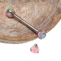 Pink Jelly Opal nipple jewelry by Body Clickers Body Jewelry, 12g gauge, 12mm barbell with pink jelly opal accents.