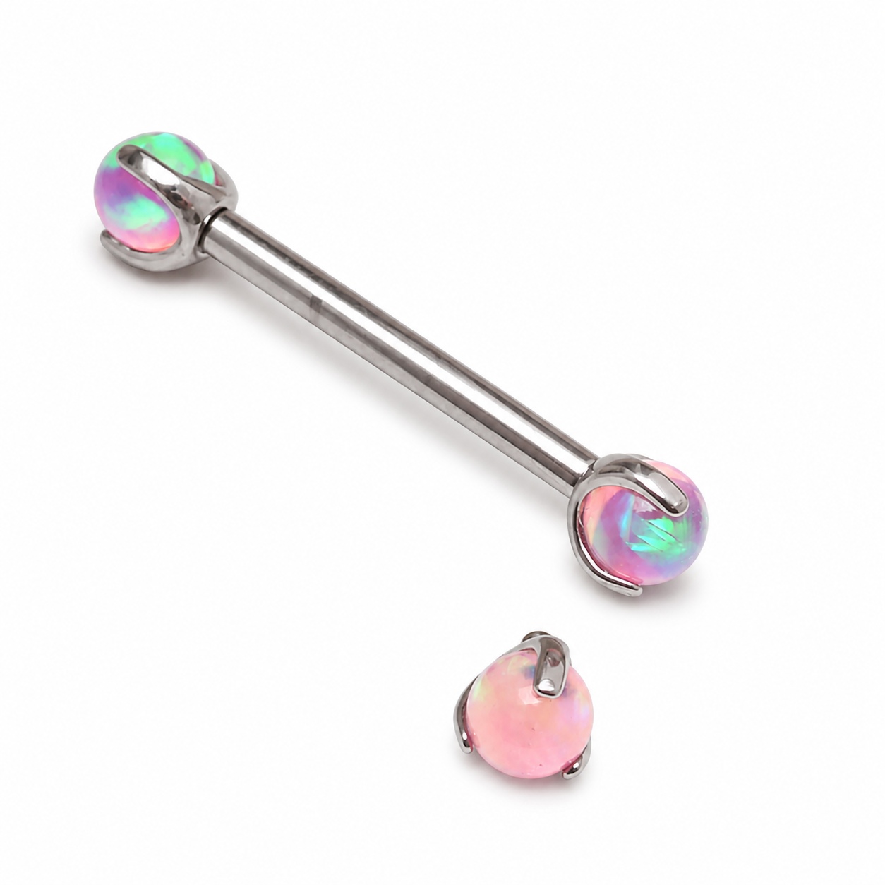 Pink Jelly Opal nipple jewelry by Body Clickers, 12 gauge, 12mm nipple ring with vibrant pink jelly opal gemstone.