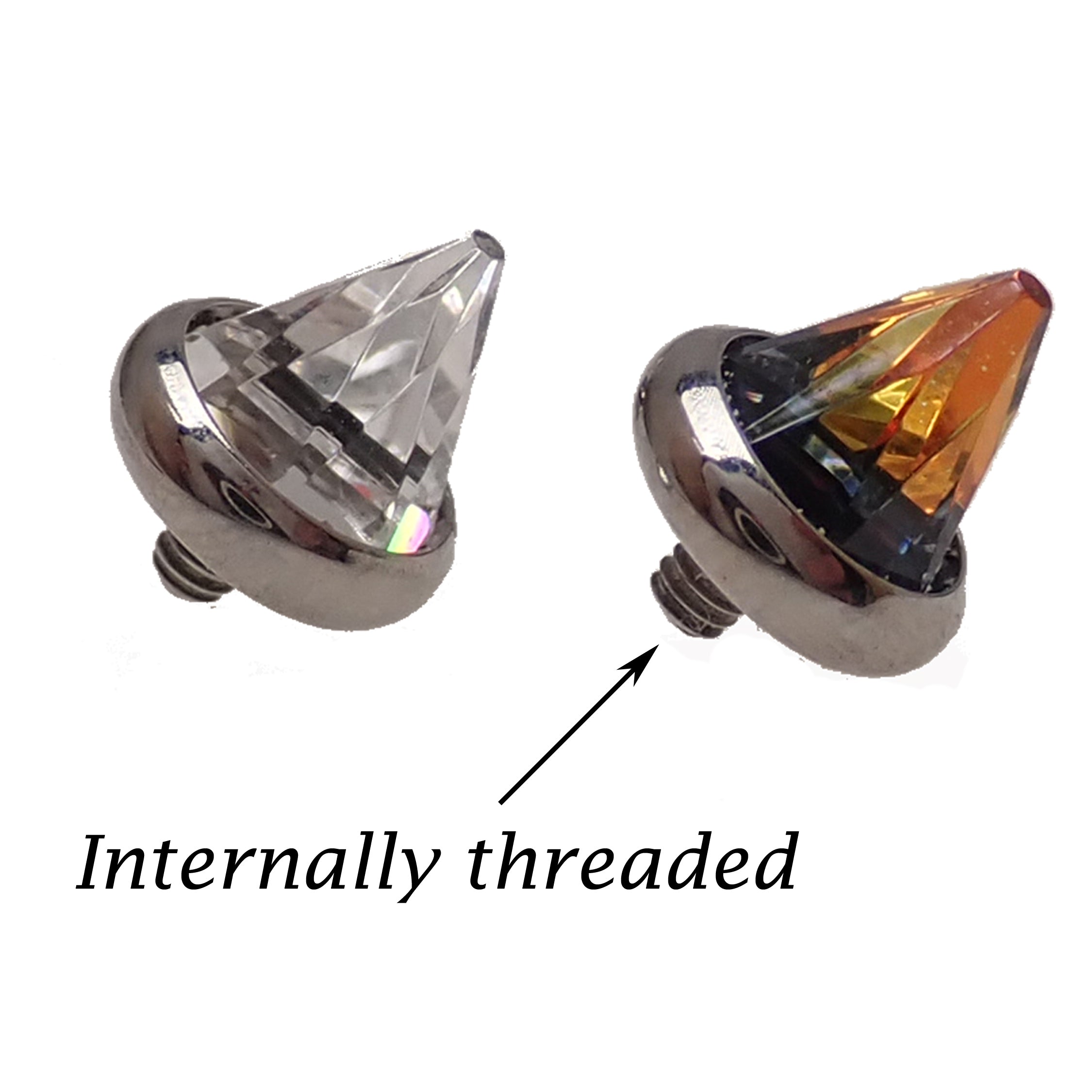 Titanium Swarovski Spike internally threaded body jewelry attachment in topaz, clear, AB rainbow colors, for 14g or 16g piercings.