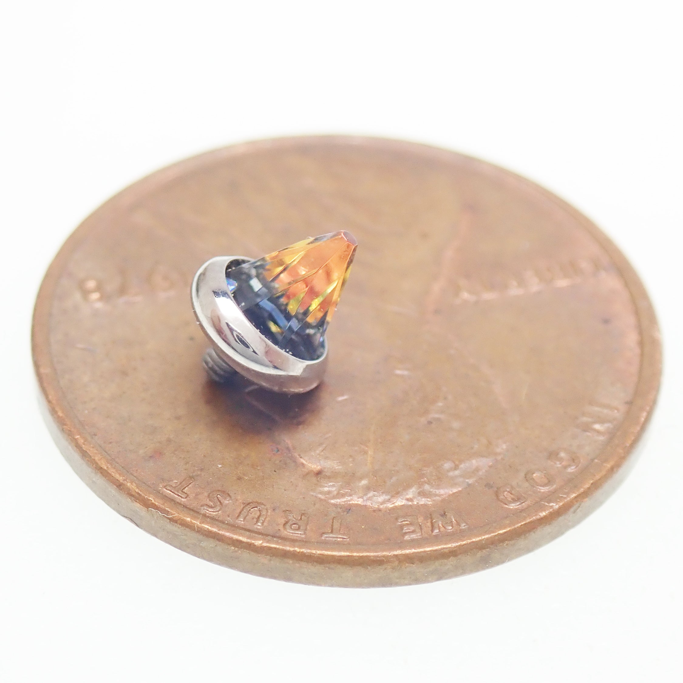 Titanium Swarovski Spike internally threaded body jewelry attachment in topaz, clear, AB rainbow colors, for 14g or 16g piercings.
