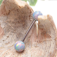 Mystic Grey 5mm and 6mm fire opal titanium nipple ring in 14g and 12g Body Jewelry by Body Clickers, with body jewelry visible.