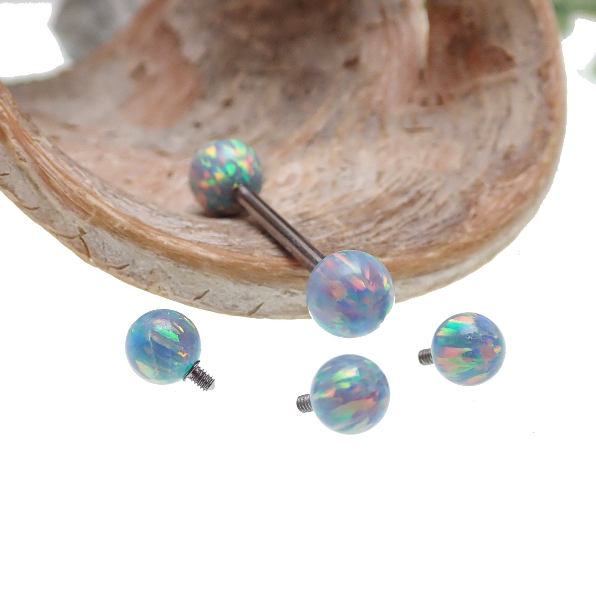 Mystic Grey and Fire Opal titanium nipple ring, 14g and 12g body jewelry, with 5mm and 6mm gemstones, by Body Clickers.