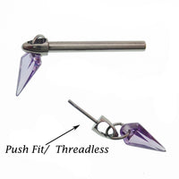 Pink titanium nipple bar with CZ dangle, available in 12g, 14g, and 16g, featuring push fit body jewelry design.