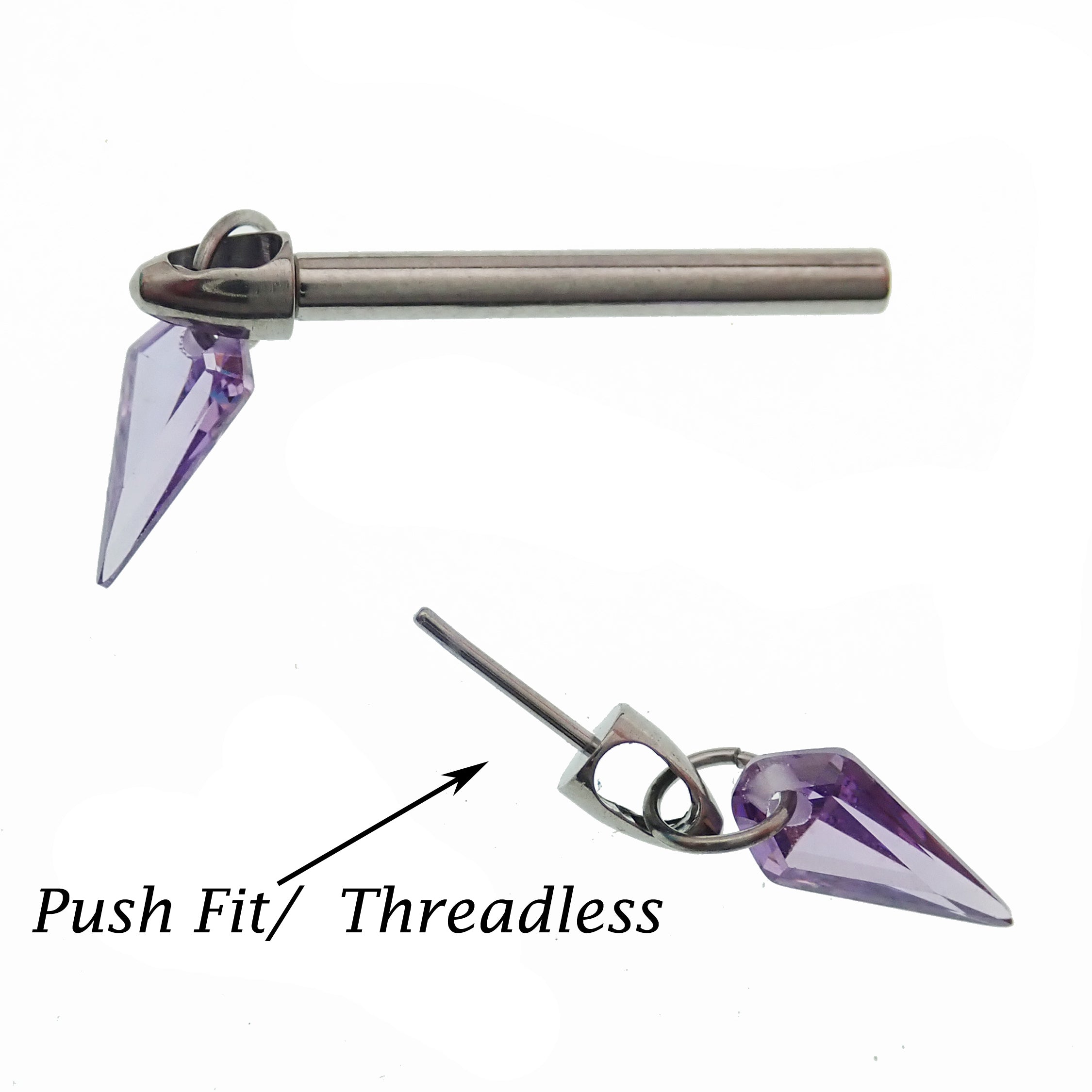 Pink titanium nipple bar with CZ dangle, available in 12g, 14g, and 16g, featuring push fit body jewelry design.