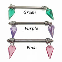 Pink titanium nipple bar with CZ dangle, available in 12g, 14g, and 16g, featuring a push fit design from Body Clickers.