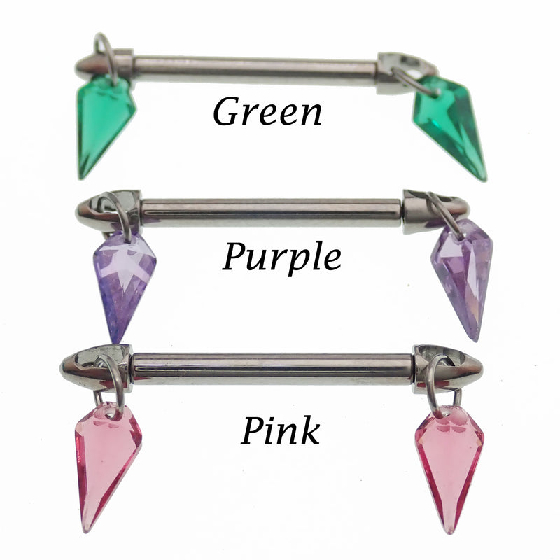 Pink titanium nipple bar with CZ dangle, available in 12g, 14g, and 16g, featuring a push fit design from Body Clickers.