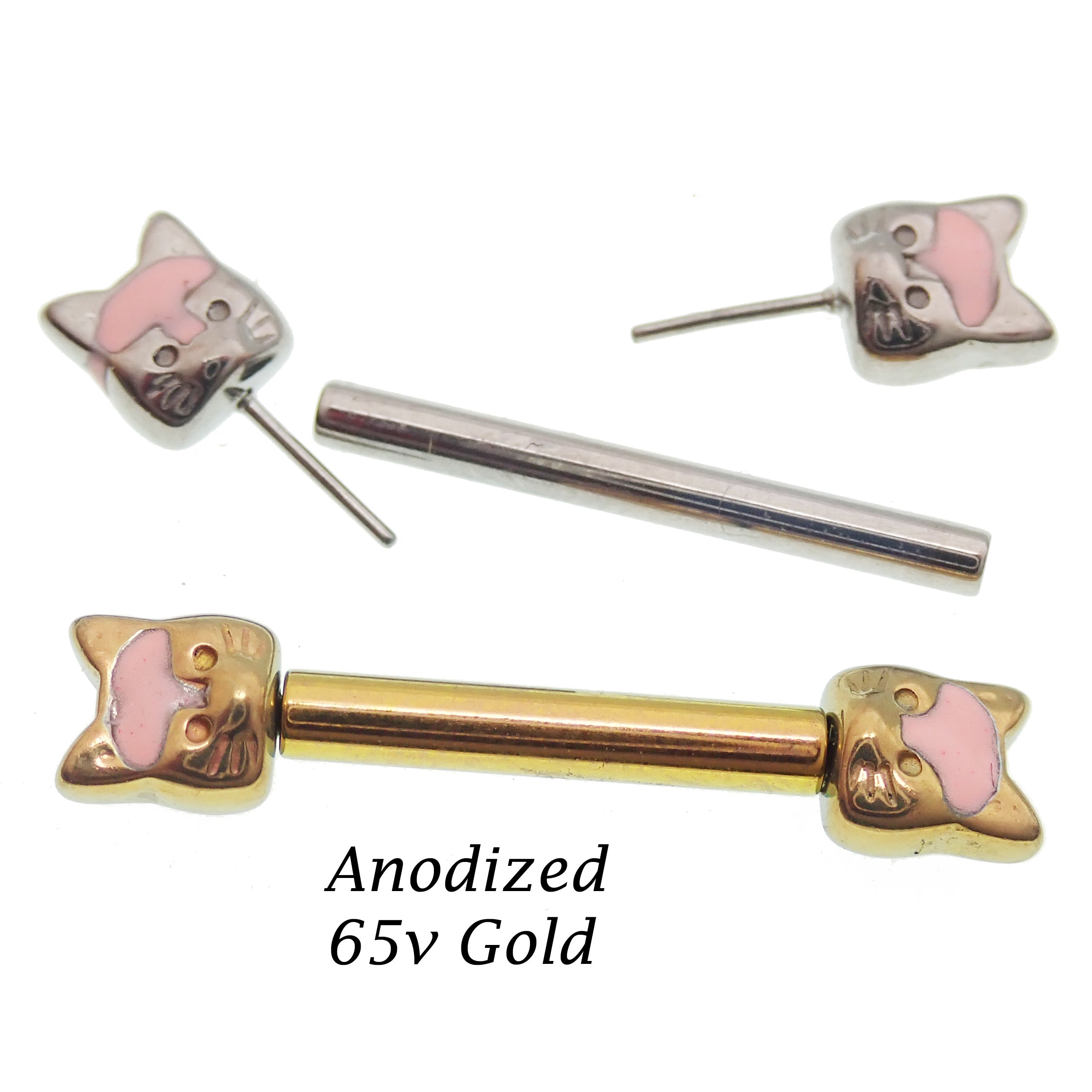 Push Fit Cat Titanium Nipple Bar body jewelry in 12g, 14g, 16g with 12mm length, by Body Clickers, shown in this image.