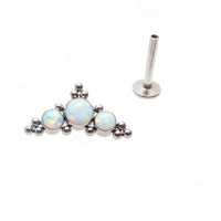 White Fire Opal cluster body jewelry by Body Clickers, 20g push fit earring with 6mm stones and cluster design.