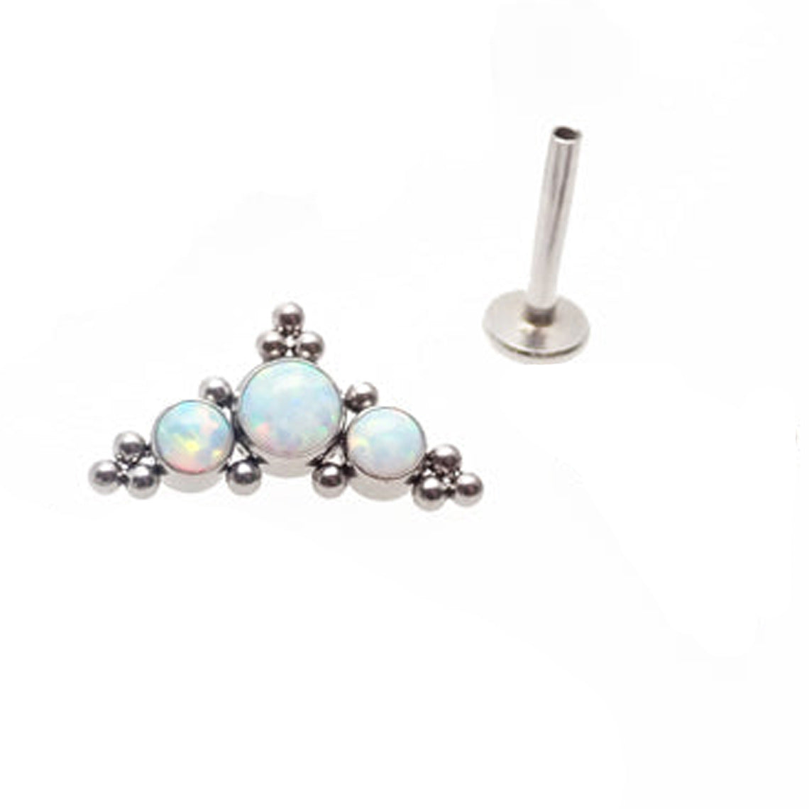 White Fire Opal cluster body jewelry by Body Clickers, 20g push fit earring with 6mm stones and cluster design.
