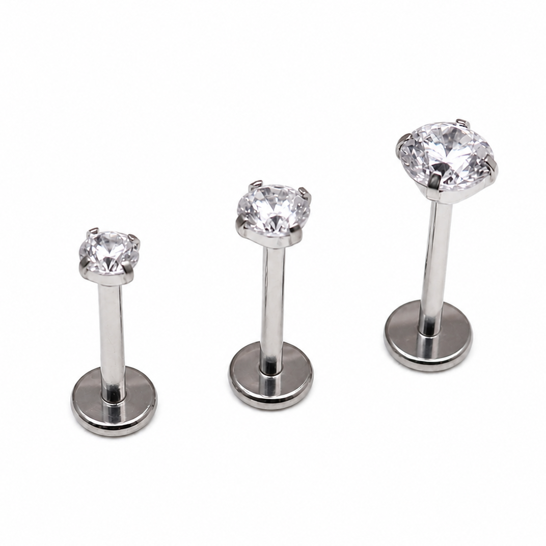 Push Fit Crystal flat back labret body jewelry in 3, 4, or 5mm with clear crystal and 20g gauge from Body Clickers.