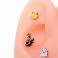 Titanium flat back implant-grade push fit tops in 14g to 20g with duck and swan designs, from Body Clickers jewelry collection.