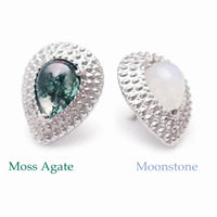Titanium push-fit teardrop piercing with moss agate, garnet, or moonstone single stud jewelry by Body Clickers Body Jewelry.