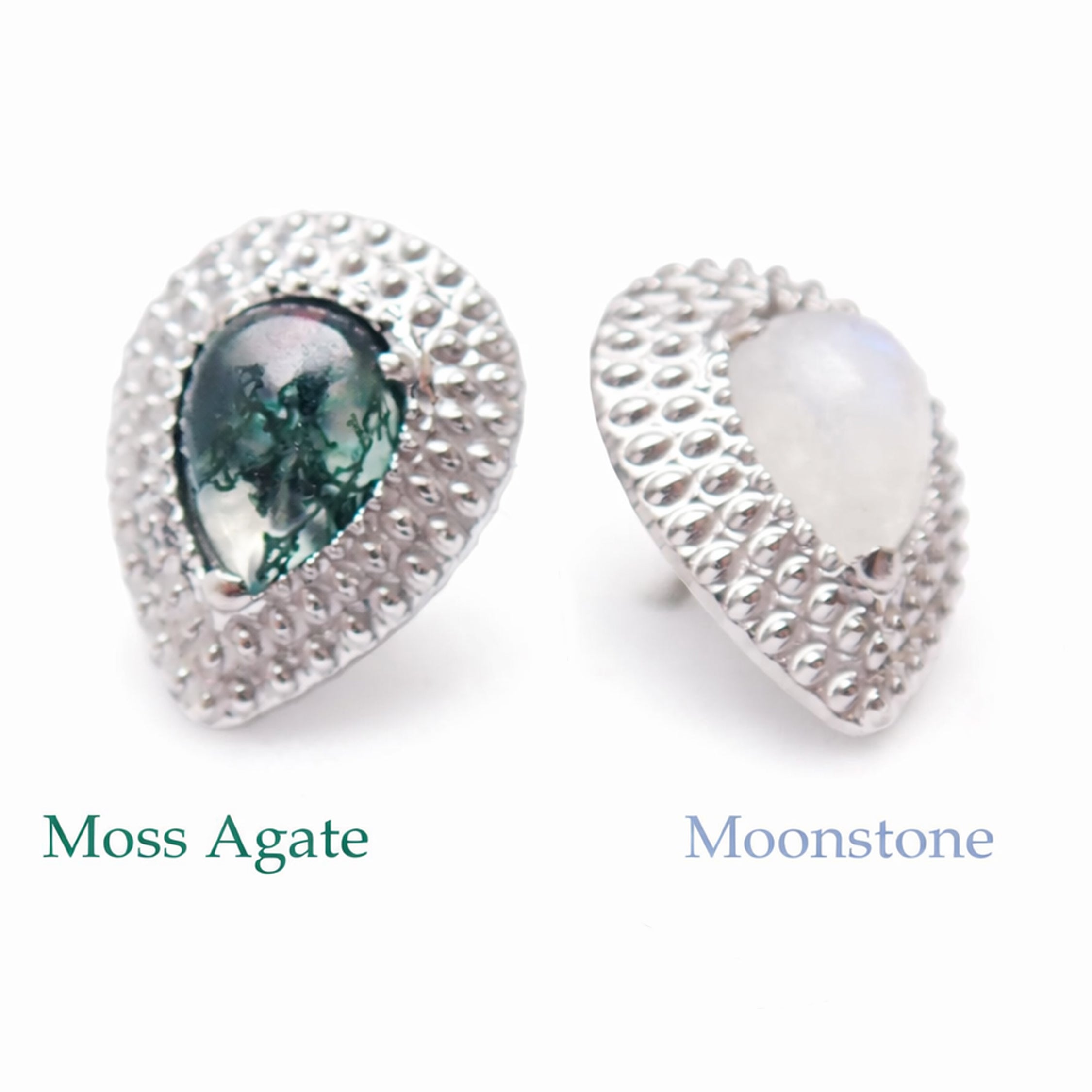 Titanium push-fit teardrop piercing with moss agate, garnet, or moonstone single stud jewelry by Body Clickers Body Jewelry.
