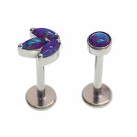 Implant titanium opal push fit flatbacks in peacock blue, sold in 20g, 18g, 16g, and 14g sizes by Body Clickers Body Jewelry.