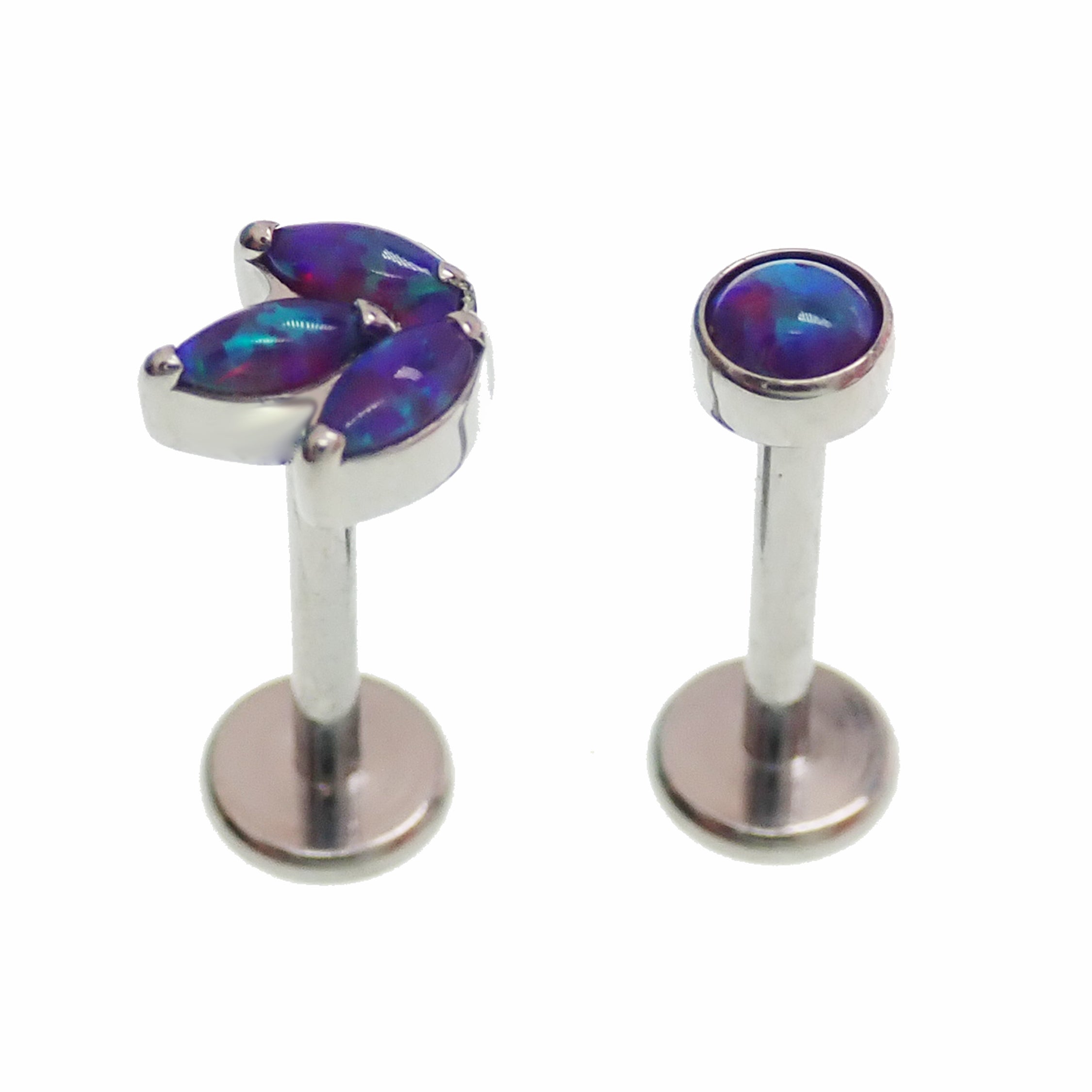Implant titanium opal push fit flatbacks in peacock blue, sold in 20g, 18g, 16g, and 14g sizes by Body Clickers Body Jewelry.