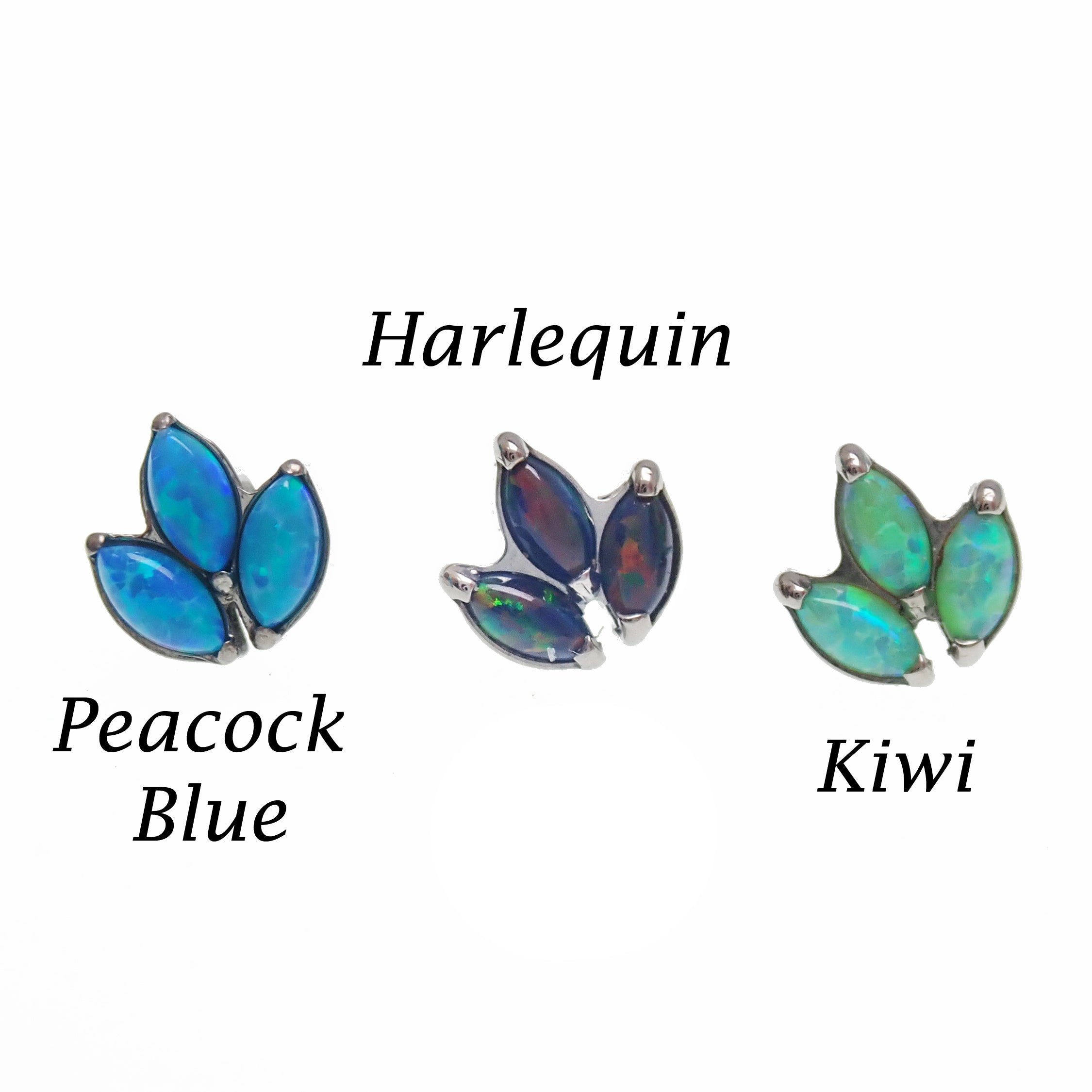 Body Clickers titanium implant opal push fit flatbacks in peacock blue, 14g to 20g sizes, shown in a set of four.