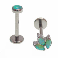 Body Clickers titanium implant opal push fit flatbacks in peacock blue, sizes 14g to 20g, sold together for body jewelry.