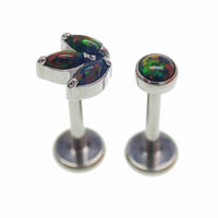 Set of Body Clickers titanium implant flatback earrings with opal peacock blue push-fit design in 14g to 20g sizes, sold together.