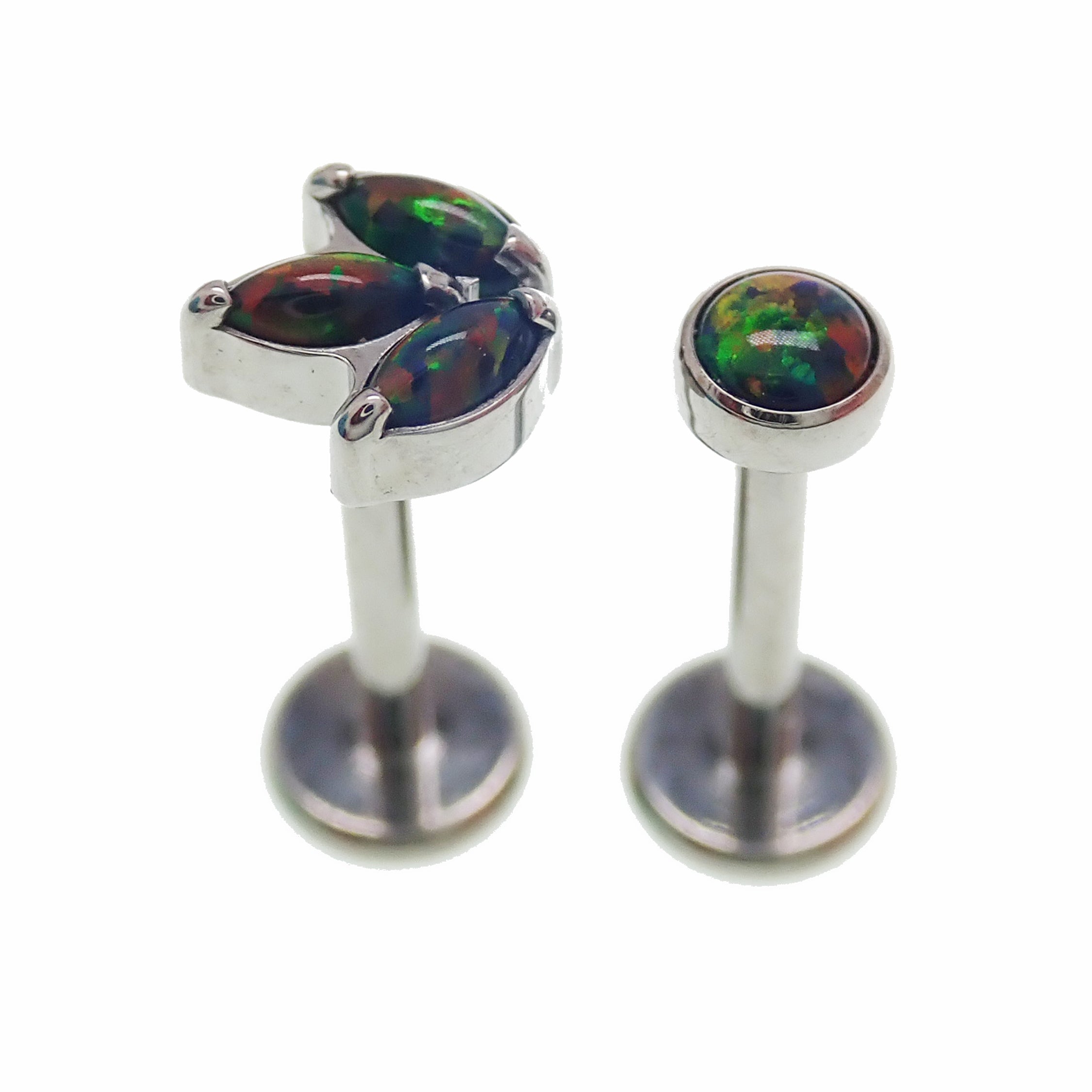 Set of Body Clickers titanium implant flatback earrings with opal peacock blue push-fit design in 14g to 20g sizes, sold together.