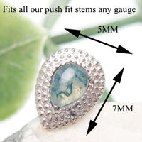 Titanium push-fit teardrop piercing with Moss Agate, Garnet, or Moonstone, featuring a single stud design for body jewelry.