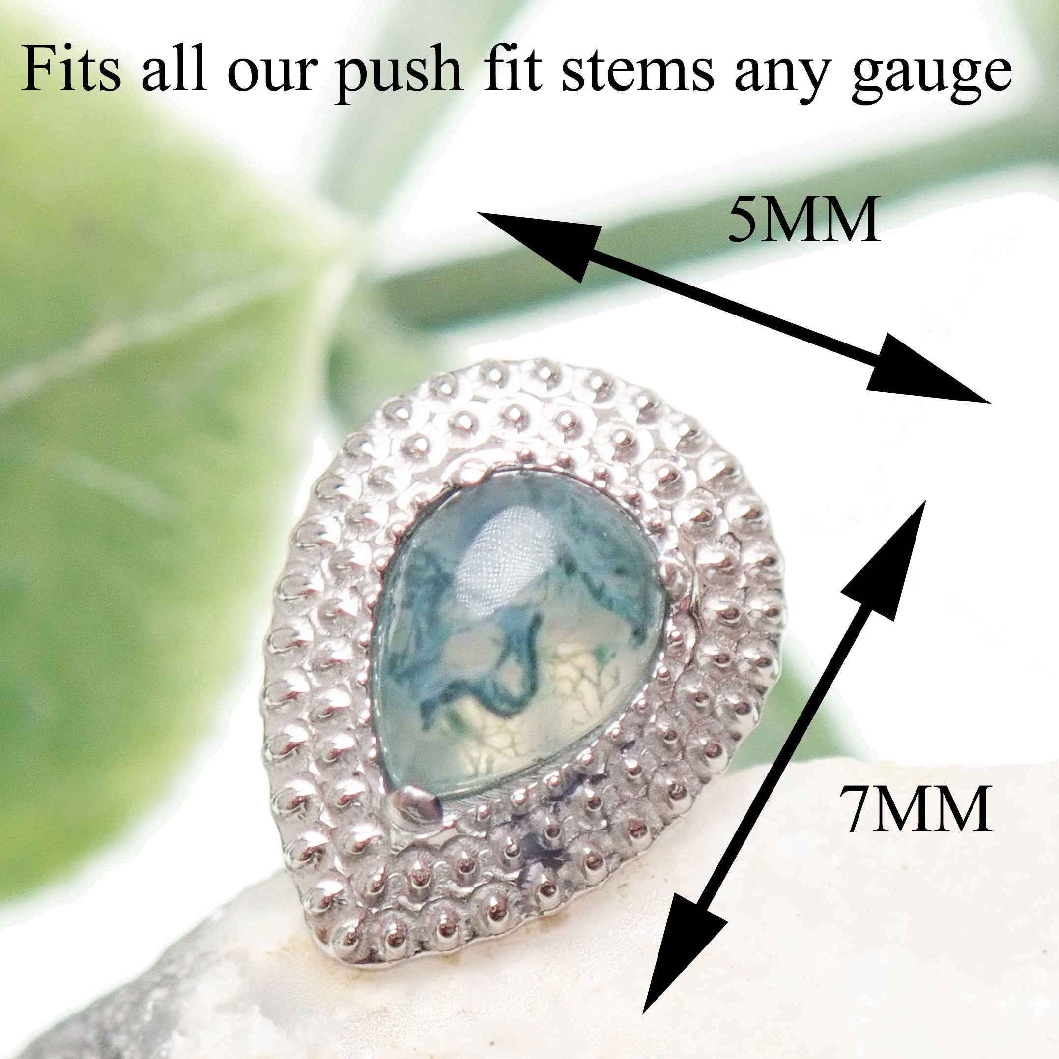 Titanium push-fit teardrop piercing with Moss Agate, Garnet, or Moonstone, featuring a single stud design for body jewelry.
