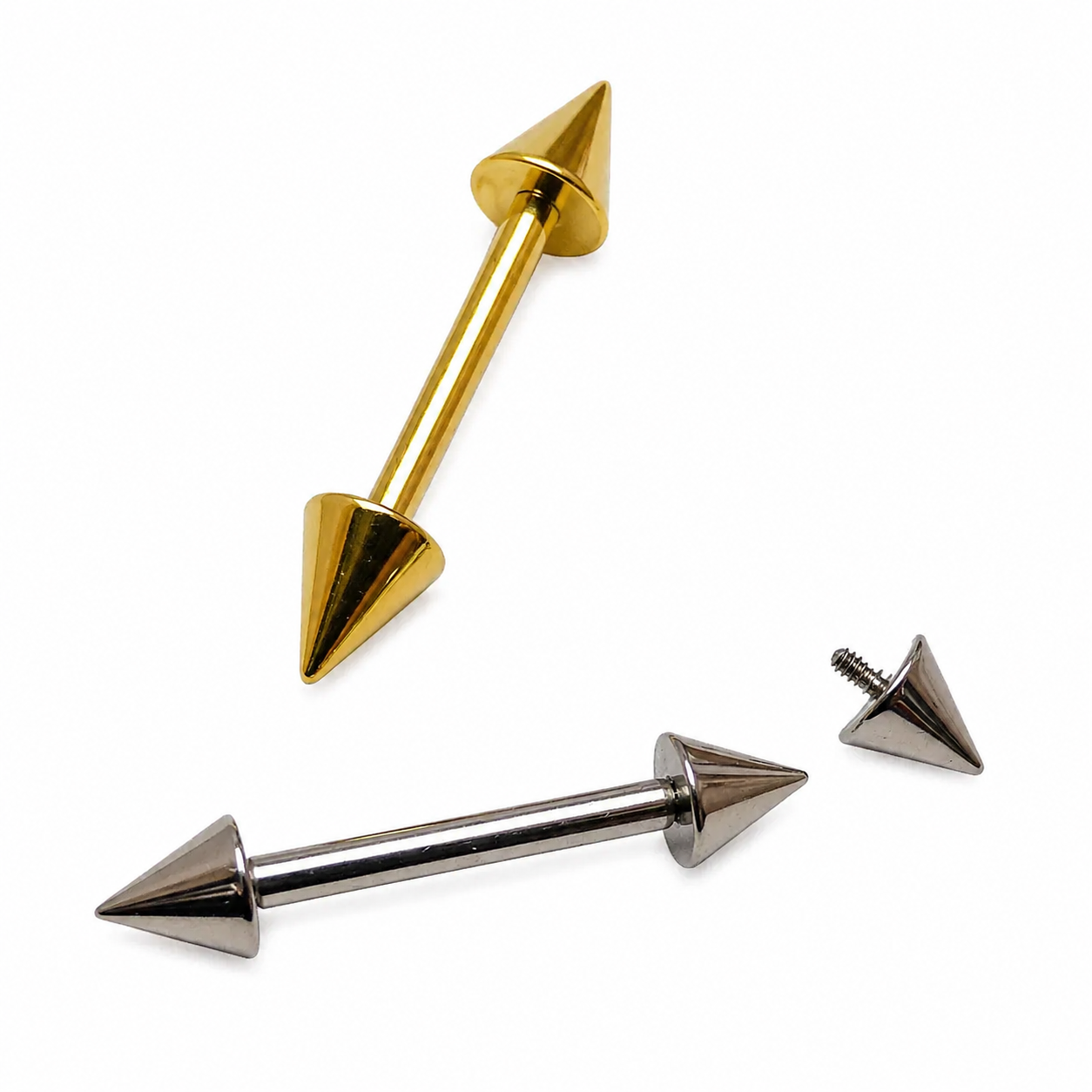 Internally threaded titanium barbell with cone spikes, 14g, from Body Clickers Body Jewelry, featuring a sleek design and spike details.