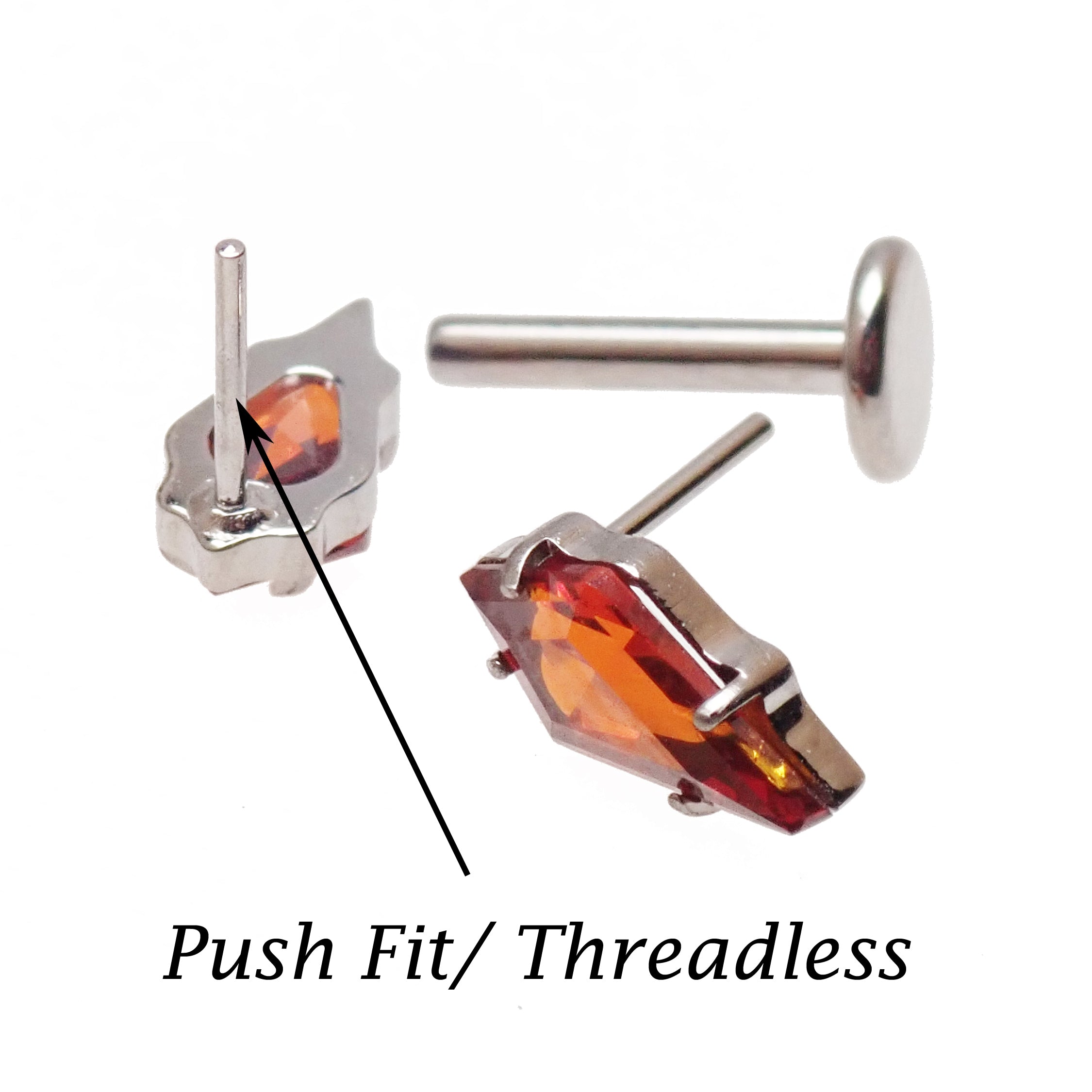 Implant grade titanium push-fit threadless piercing with a 5mm garnet stone flatback from Body Clickers Body Jewelry.
