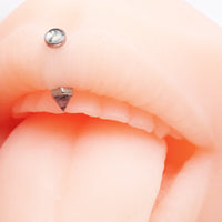 16G Moss Agate curved barbell from Body Clickers Body Jewelry, implant grade titanium, internally threaded, with smooth moss agate stone.