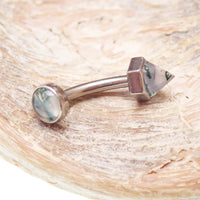 16G Moss Agate curved barbell in implant grade titanium with internal threading, body jewelry by Body Clickers.